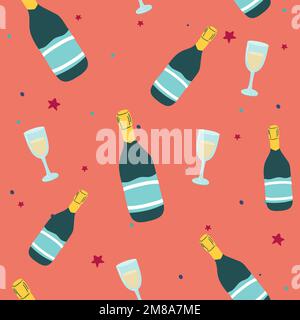 Champagner, Prosecco, Cava Celebration, Neujahr, Nahtloses Vektormuster, Hintergrund Stock Vektor