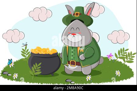 Der süße Koboldhase zählt Gold in seinem Po Stock Vektor