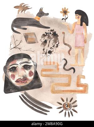 Antiker Tribal Poster Clipart, Aquarell Moderne abstrakte Illustration, Gemälde der ethnischen ägyptischen Mauer, ägyptisches Mystisches Poster in Beige Stockfoto