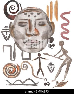 Antiker Tribal Poster Clipart, Aquarell Moderne abstrakte Illustration, Gemälde der ethnischen ägyptischen Mauer, ägyptisches Mystisches Poster in Beige Stockfoto