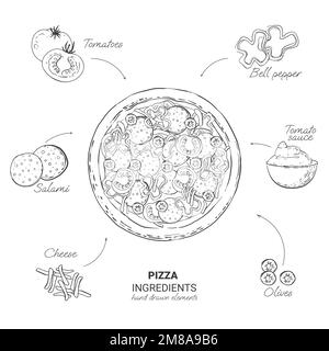 Handgezeichnete Pizza-Zutaten in Vektor und Illustration Stock Vektor