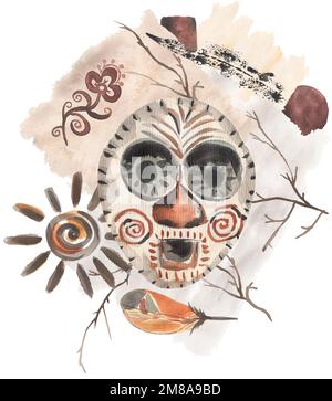 Antiker Tribal Poster Clipart, Aquarell Moderne abstrakte Illustration, Gemälde der ethnischen ägyptischen Mauer, ägyptisches Mystisches Poster in Beige Stockfoto