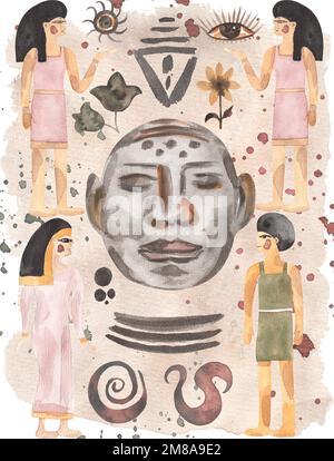 Antiker Tribal Poster Clipart, Aquarell Moderne abstrakte Illustration, Gemälde der ethnischen ägyptischen Mauer, ägyptisches Mystisches Poster in Beige Stockfoto