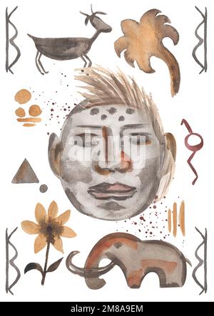 Antiker Tribal Poster Clipart, Aquarell Moderne abstrakte Illustration, Gemälde der ethnischen ägyptischen Mauer, ägyptisches Mystisches Poster in Beige Stockfoto