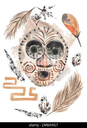 Antiker Tribal Poster Clipart, Aquarell Moderne abstrakte Illustration, Gemälde der ethnischen ägyptischen Mauer, ägyptisches Mystisches Poster in Beige Stockfoto