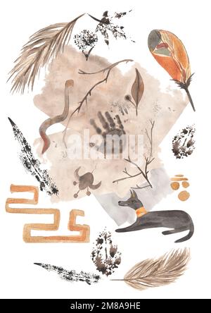 Antiker Tribal Poster Clipart, Aquarell Moderne abstrakte Illustration, Gemälde der ethnischen ägyptischen Mauer, ägyptisches Mystisches Poster in Beige Stockfoto