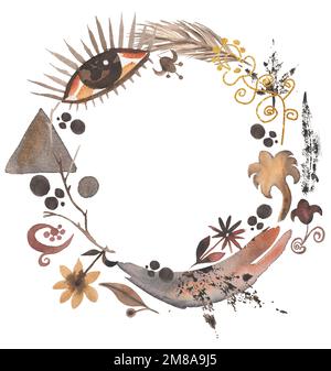 Antiker Tribal Frame Clipart, Watercolor Boho Illustration, ethnische ägyptische Wandgemälde, ägyptischer mystischer Kranz in Beige Farben Stockfoto