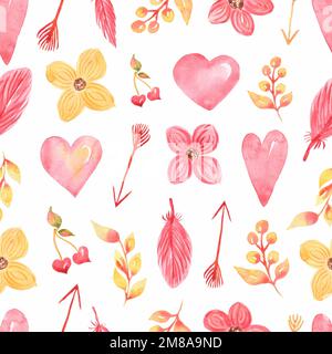 Valentinstag Nahtloses Muster, Aquarell süße Blumen, Herzen, Pfeile Papier, Druckdesign, Sammelalbum-Papier Stockfoto