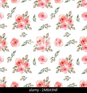 Rote Blumen Nahtloses Muster, wasserfarbenes Gartenrosenpapier, Blumen für Stoff, Blumenmuster, Druckdesign, Sammelalbum Stockfoto