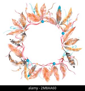 Clipart Für Aquarelle. Boho Handgezeichnete Federn Gestell Illustration, indische Tribal Ethic Clip Art, Hochzeitseinladung, Kartendesign Stockfoto