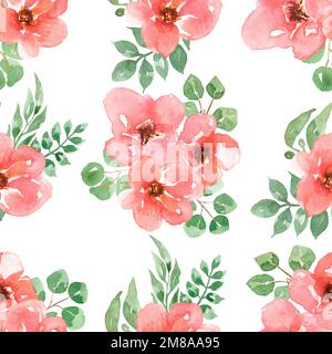 Rote Blumen Nahtloses Muster, wasserfarbenes Gartenrosenpapier, Blumen für Stoff, Blumenmuster, Druckdesign, Sammelalbum Stockfoto