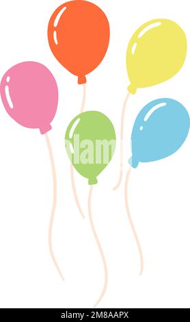 Handgezeichnete bunte Ballons im flachen Cartoon-Stil. vektordarstellung von Geburtstags- oder Partydekoration, fliegender Ballon mit Seil Stock Vektor
