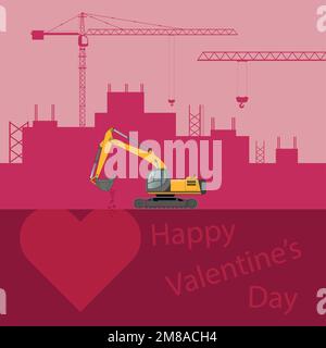 Grußkarte zum valentinstag. Einen schönen Valentinstag. Der Bagger gräbt das Herz aus. Abbildung eines flachen Vektors. Stock Vektor