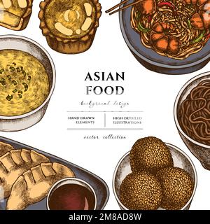 Handgezeichnetes asiatisches Essensdesign. Hintergrund: Retro-Jiaozi, jian dui, Eierkuchen, Nudeln mit Garnelen, Eiersuppe, Nudelschüssel. Stock Vektor