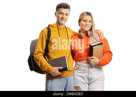 Schüler mit Rucksäcken und Büchern isoliert auf weißem Hintergrund Stockfoto