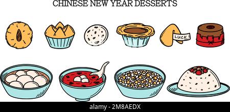 CNY-Feier, chinesische Neujahrsdesserts, Vektorgrafik im Doodle-Stil. Zeichnung traditioneller asiatischer Küche. Stock Vektor