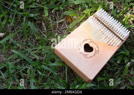 Kalimba oder Mbira ist ein afrikanisches Musikinstrument. Aus Holzbrett mit Metallinstrument im Garten Stockfoto