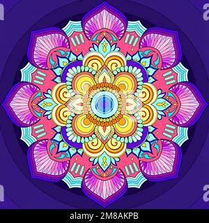 mandala mit einem Blumenmuster in verschiedenen Farben, Blau, Gelb, Orange, Pink und Lila Stockfoto