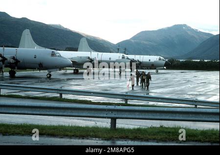 Mitglieder der Flugbesatzung verlassen die Fluglinie vor einer Gruppe von P-3C Orion-Flugzeugen während des PACEX '89. Betreff Betrieb/Serie: PACEX '89 Basis: Küstenwache, Kodiak Bundesstaat: Alaska (AK) Land: Vereinigte Staaten von Amerika (USA) Stockfoto