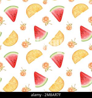 Wasserfarbenes nahtloses Muster aus Wassermelone, Zitrone und Orange. Obst in Stücke geschnitten. Design für Eisverpackungen, Textilien, Schreibwaren. Teile von Stockfoto