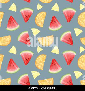 Wasserfarbenes nahtloses Muster aus Wassermelone, Zitrone und Orange. Obst in Stücke geschnitten. Design für Eisverpackungen, Textilien, Schreibwaren. Teile von Stockfoto