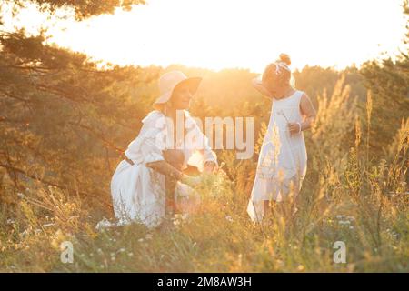 Mutter und kleine Tochter sitzen in weißen Kleidern auf einem hohen Hügel in Holz inmitten von dickem Gras bei gelbem Sonnenuntergang und strahlender Sonne. Mom und Kind kommen rein Stockfoto