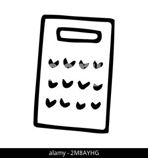 Bild: Doodle Grater. Von Hand gezogenes Zubehör zum Kochen von Reibbelägen, isoliert auf weißem Hintergrund. Utensilien für die Küche. Symbol für Gitterfleisch, Heimleben, Stock Vektor