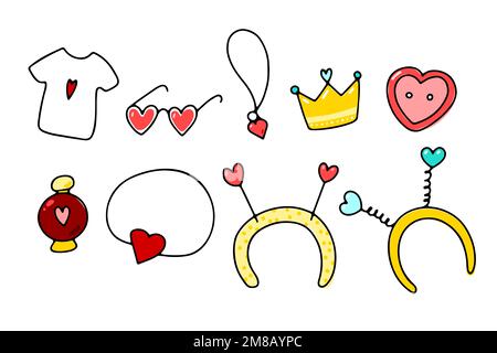 Doodle Hearts Dekorations-Set. Handgezeichnete niedliche Accessoires isoliert auf weißem Hintergrund. Lustige Brille, Haarreifen, Hemd, Anhänger. Vector Love Illustrati Stock Vektor