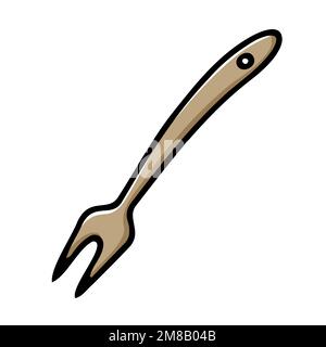 Bild: Doodle Coodle Gabel. Farbige Fleischgabel isoliert auf weißem Hintergrund. Gemütliche Küchenutensilien, Küchenutensilien, Geschirr zum Abendessen, Mittagessen. Handgezogener Widerhaken Stock Vektor
