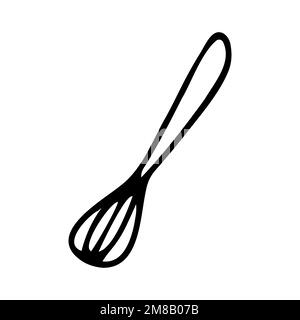 Doodle Whisk zum Kochen von Speisen. Handgezeichnete Corolla isoliert auf weißem Hintergrund. Umriss Küchen-Symbol. Gemütliches Utensil, Geschirr zum Rühren, kulinarische Klimaanlage Stock Vektor