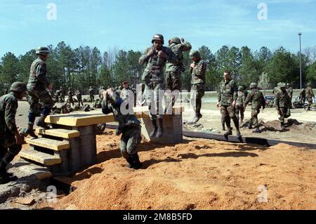 Mitglieder der 82. Airborne Division üben ihre Fallschirmlandungstechnik während der Übung Sand Eagle '89. Betreff Betrieb/Serie: SAND EAGLE '89 Base: Saint Mary's State: Georgia (GA) Land: Vereinigte Staaten von Amerika (USA) Stockfoto