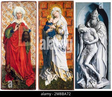 Die Flémalle Panels: St. Veronica mit dem Schleier, Madonna Stillen und der Dreifaltigkeit, gemalt in gemischten Medien im Panel von Robert Campin, Master von Flémalle und Workshop, 1428-1430 Stockfoto