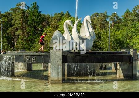 Tscheljabinsk, Russland - 01. Juni 2022. Ein funktionierender Brunnen mit Schwanenfiguren an einem sonnigen Tag. Stockfoto