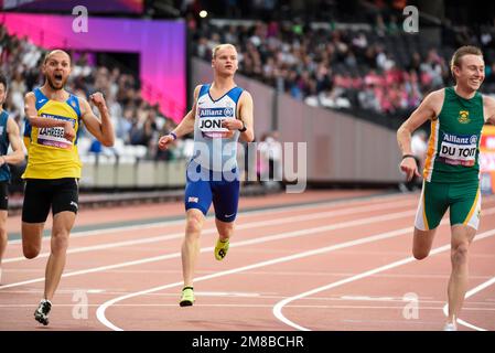 Vladislav Zahrebelnyi, Rhys Jones, Charl du Toit, endet in den 100m T37 Jahren bei der World para Athletics Championships 2017 im Londoner Stadion, Großbritannien Stockfoto