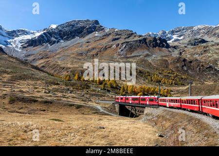 bernina Express Bergbahn über die OVA da bernina Brücke Stockfoto