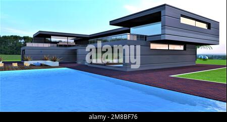 Wundervolles Landhaus für Familien mit einem großen Swimmingpool im Hof. Eingezäunte Terrasse entlang der gesamten Fassade des Gebäudes. 3D-Rendering. Stockfoto