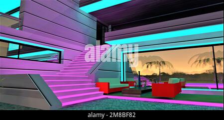 Violett leuchtende Treppe in der Nähe der Ruhezone, türkisfarben beleuchtet. Komfortable rote Sofas und Holztisch mit Flasche. 3D-Rendering. Stockfoto