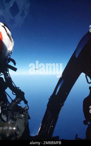 Der Pilot einer Angriffsschwadron 176 (VA-176) KA-6D Eindringling-Maschine beobachtet einen nahegelegenen A-6E Eindringling, ebenfalls von VA-176, während eines Trainingsflugs vom Flugzeugträger USS FORRESTAL (CV 59). Land: Atlantik (AOC) Stockfoto