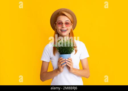 Frau pflanzt Blumen in den Topf. Mädchen Pflege von Topfpflanzen, Hobbys, Home Gartenarbeit. Stockfoto