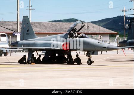 Thailändische Bodenteams sitzen im Schatten unter einem Royal Thai Air Force F-5E Tiger II Flugzeug während der gemeinsamen Thai/US-Übung Thalay Thai '89. Betreff Operation/Serie: THALAY THAI '89 Stützpunkt: Utapao Luftwaffenstützpunkt Land: Thailand (THA) Stockfoto