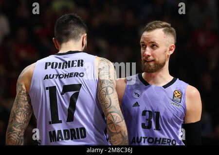 Belgrad, Serbien, 10. Januar 2023. Dzanan Musa of Real Madrid reagiert während des EuroLeague-Spiels der Turkish Airlines 2022/2023 zwischen Crvena Zvezda mts Belgrad gegen Real Madrid in der Aleksandar Nikolic Hall in Belgrad, Serbien. 10. Januar 2023. Kredit: Nikola Krstic/Alamy Stockfoto