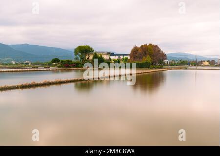 Wunderschöne Landschaft in der Dämmerung. Haus, Wasserfeld und Berg. Wasserpark Am Dongshan River. Sanxing Township, Yilan County, Taiwan Stockfoto