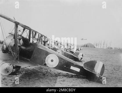 Oldtimer-Foto um 1918 von einer Linie britischer Sopwith Camel-Kampfflugzeuge auf einem Flugplatz in Nordfrankreich während des Ersten Weltkriegs. Stockfoto