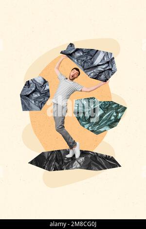 Kreatives Foto 3D Collage-Kunstwerk Postkartenposter eines jungen verantwortlichen Mannes Protest Naturwortverunreinigung isoliert auf Malhintergrund Stockfoto