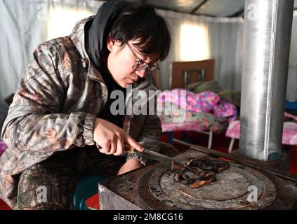 (230113) -- GENHE, 13. Januar 2023 (Xinhua) -- Juele backt Fleisch auf einem Ofen in einem Zelt in einer temporären Herdstation am Jinhe Forest Range in der Nähe von Genhe City, Nordchina Autonome innere Mongolei, 12. Januar 2023. Alle zwei oder drei Tage fährt Juele Bulituotian zum Jinhe-Waldgebiet etwa 80 Kilometer von Genhe City entfernt. Dort wird der 39-jährige Aoluguya Ewenki-Hirte, der einen traditionellen Pelzmantel trägt, sein forschendes Rentier finden. Anstatt Rentiere in einer Scheune zu halten, lassen die Ewenki-Hirten die Tiere im Wald leben und überprüfen sie alle paar Tage. Juele gehört Stockfoto