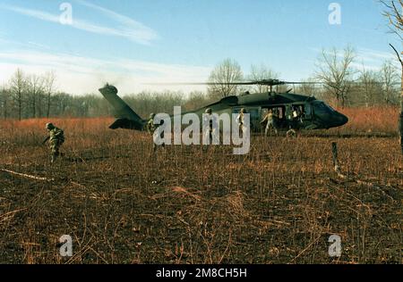 Soldaten von 2. Milliarden, 502. Inf. Regt., 101. Division, verlassen Sie einen UH-60 Black Hawk Helikopter vom 3. Bataillon, 101. Luftfahrtregiment, während einer Feuerübung. Basis: Fort Campbell Bundesstaat: Kentucky (KY) Land: Vereinigte Staaten von Amerika (USA) Stockfoto