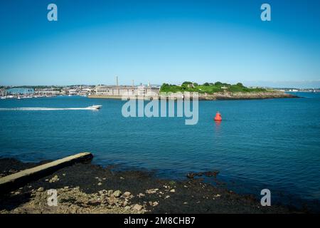 15. Juli 2021 - Mount Edgcumbe, Großbritannien: Blick über die geschäftigen Gewässer in Richtung Plymouth vom Mount Edgcumbe Country Park, Cornwall, Großbritannien Stockfoto