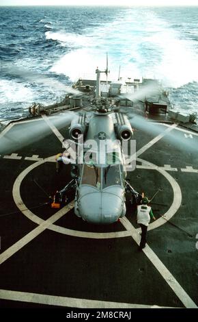 Ein SH-2F Seasprite Helikopter der Helicopter Light Anti-U-Boot-Staffel 34 (HSL-34) wärmt sich auf dem Cockpit der Zerstörerin USS PETERSON (DD-969) während der Flotte Ex 1-90 auf. Betreff Betrieb/Serie: FLOTTE EX 1-90 Land: Atlantik (AOC) Stockfoto