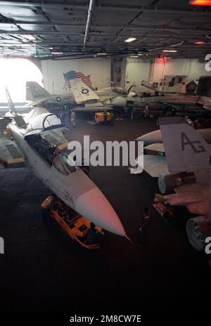 Das Personal am Hangar Deck verwendet einen SD-1D-Spürhund, um ein Kampfgeschwader 142 (VF-142) F-14A Tomcat an Bord des nuklearbetriebenen Flugzeugträgers USS DWIGHT D. EISENHOWER (CVN-69) während DER FLOTTE EX '90 zu transportieren. Gegenstand Betrieb/Serie: FLOTTE EX '90 Land: Karibik Stockfoto