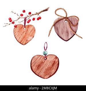 Herz-Set mit Holzstruktur, Aquarell-Illustration Stockfoto